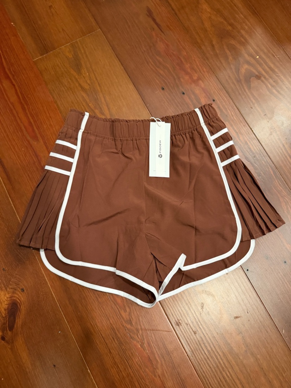 Brown Contrast-Trim Athletic Shorts with Pleated Side Panels